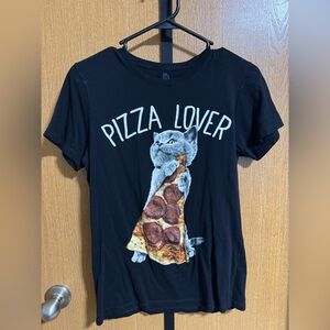 Pizza Lover Cat Graphic T-Shirt - Black- Women’s medium